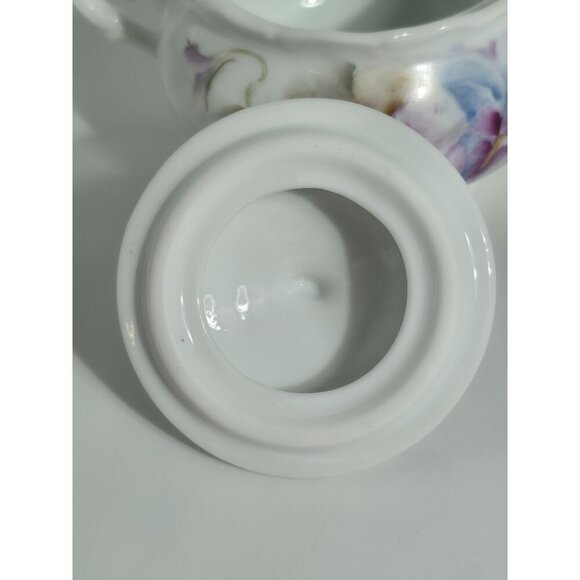 Antique Hand Painted Porcelain Sugar Bowl With Purple Lid & Floral Design - Picture 8 of 12